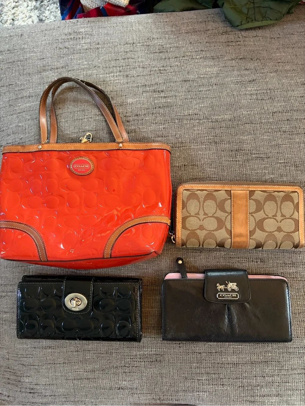 Coach Red Patent Leather Tote with Brown Trim
